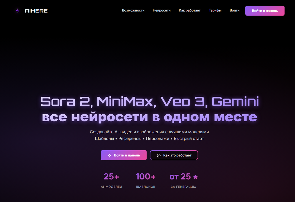 Aihere.ru — агрегатор нейросетей: Sora 2, MiniMax, Veo 3, Gemini