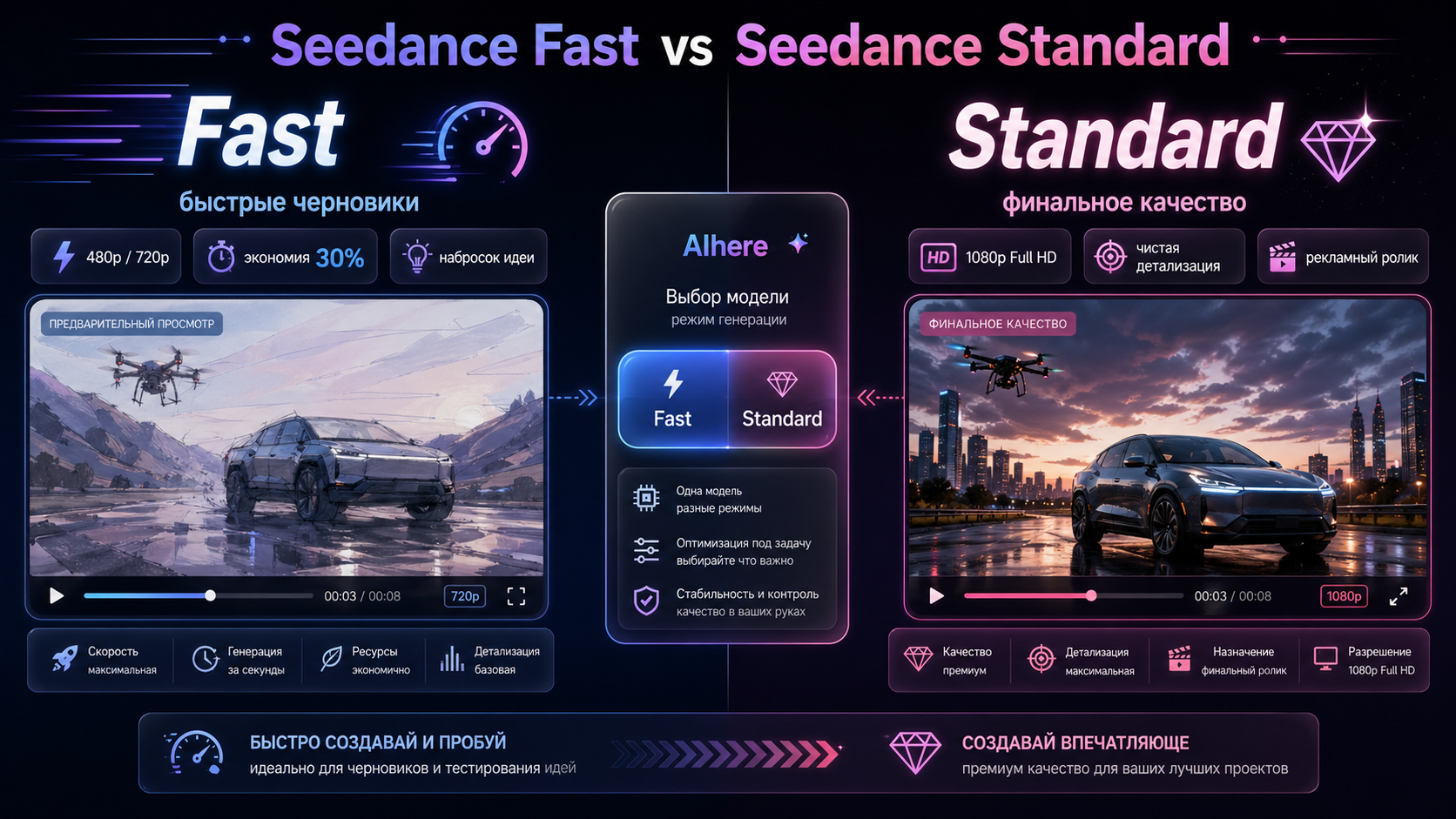 Сравнение Seedance Fast и Seedance Standard: быстрые черновики 480p/720p против финального качества 1080p Full HD