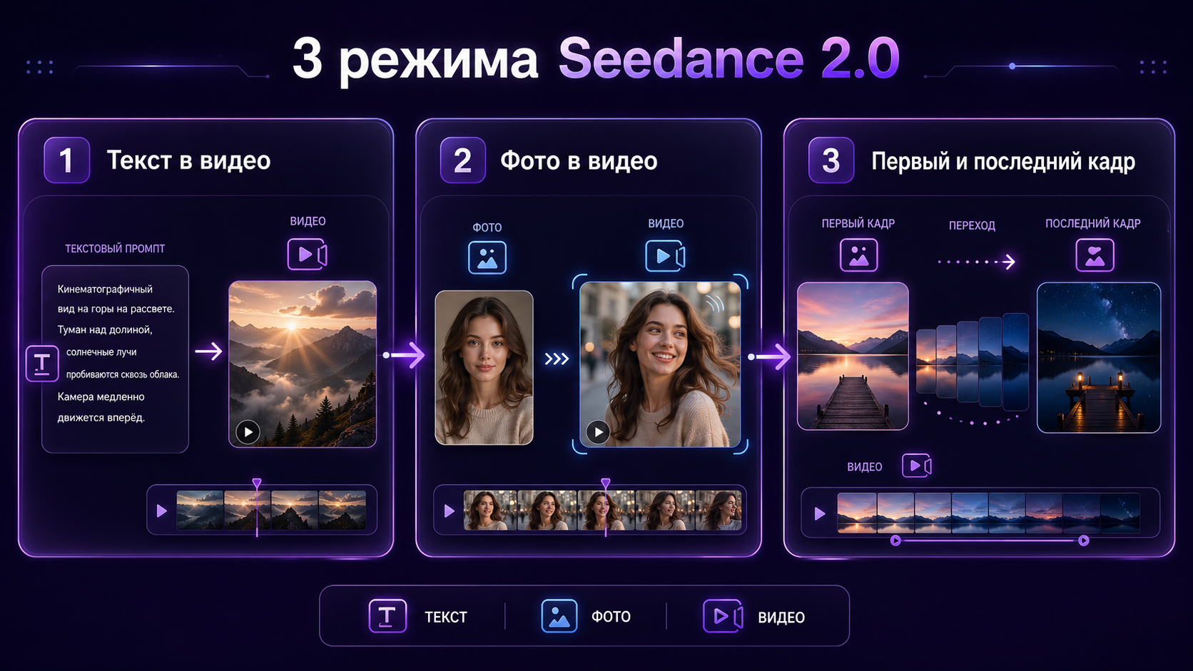 3 режима генерации видео в Seedance 2.0: текст в видео, фото в видео, первый и последний кадр