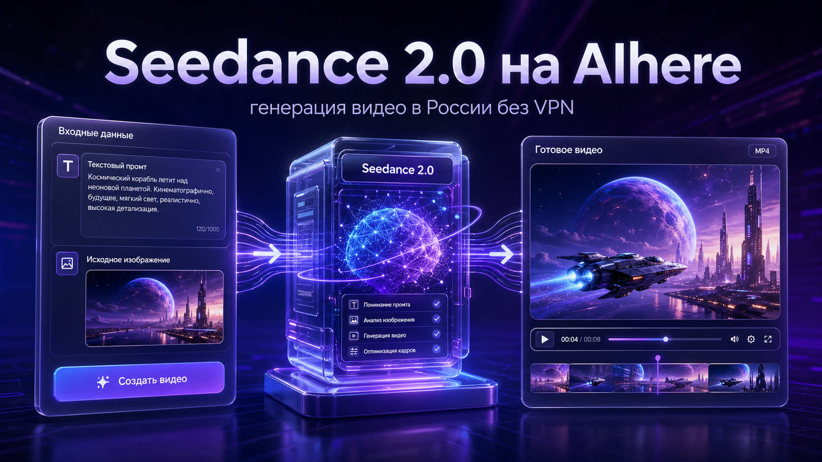 Интерфейс Seedance 2.0 на AIhere: текстовый промт и исходное изображение на входе, готовое видео на выходе