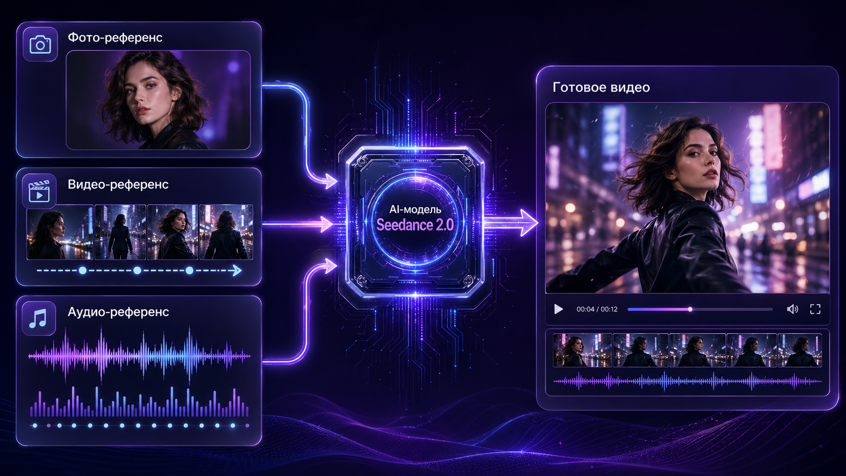 Фото-референс, видео-референс и аудио-референс на входе AI-модели Seedance 2.0 — готовое видео на выходе