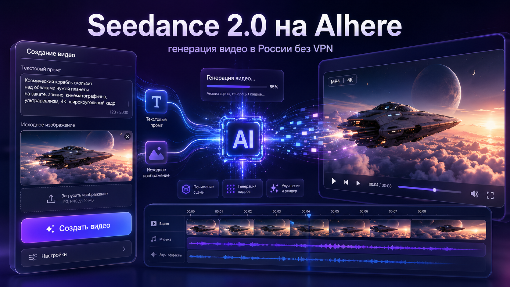 Seedance 2.0: текстовый промт и исходное изображение, генерация в 4K MP4 с раздельными дорожками видео, музыки и звуковых эффектов