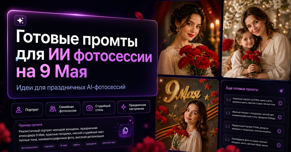 Топ-25 шаблонов ИИ-фотосессии на 9 мая 2026: тёплые портреты и весенние открытки